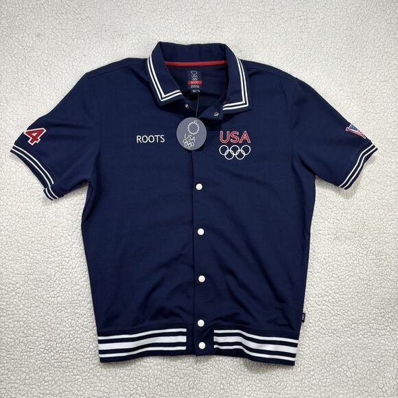 NWT Roots USA Shirt L Blue Olympics 04 Warm Up Snap Short Sleeve Team Button Up - Picture 1 of 9